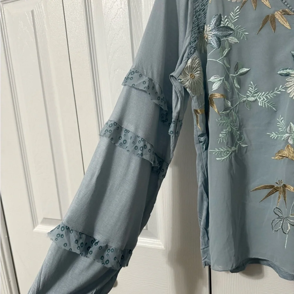 Tiny Brand Anthropologie Women’s Blue Motif Long-Sleeve Ruffled Top size varies - Picture 10 of 14